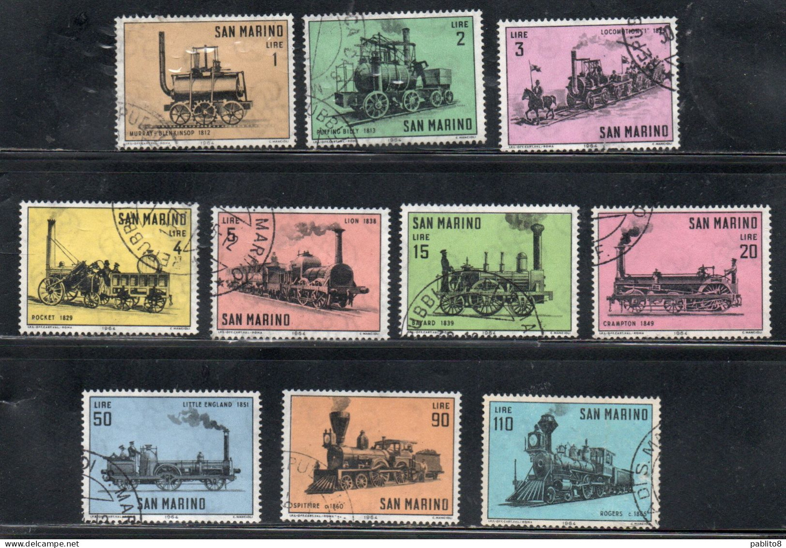 REPUBBLICA DI SAN MARINO 1964 STORIA LOCOMOTIVA LOCOMOTIVE LOCOMOTIVES SERIE COMPLETA COMPLETE SET USATA USED OBLITERE' - Usados