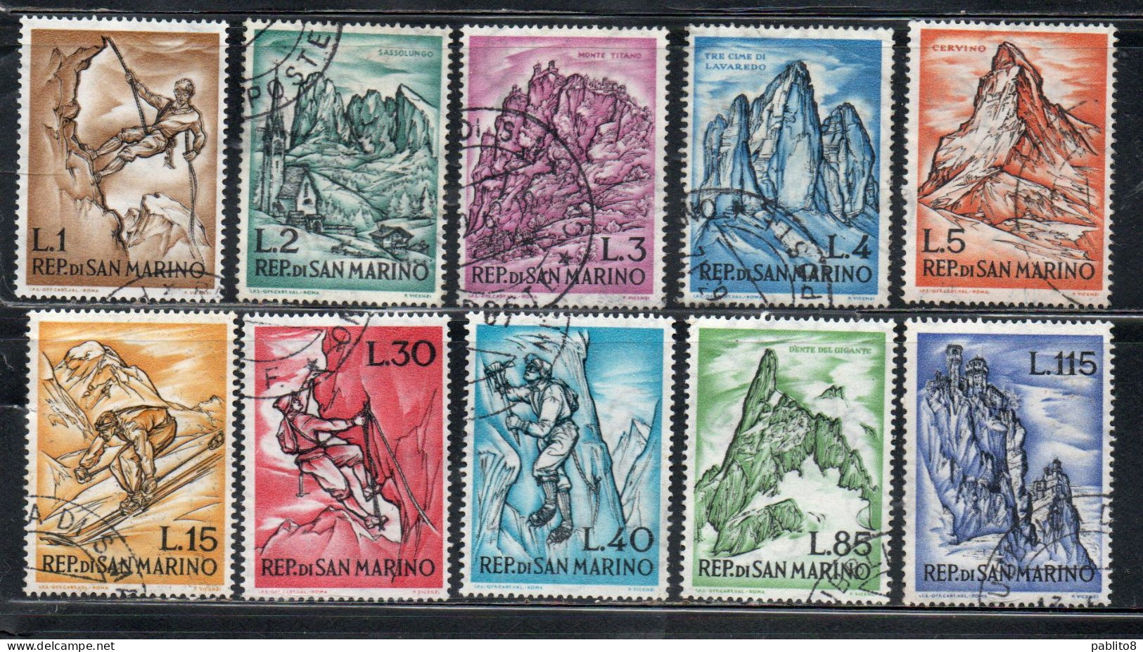 REPUBBLICA DI SAN MARINO 1962 LA MONTAGNA SPORT ALPINISTICI SERIE COMPLETA COMPLETE SET USATA USED OBLITERE' - Used Stamps