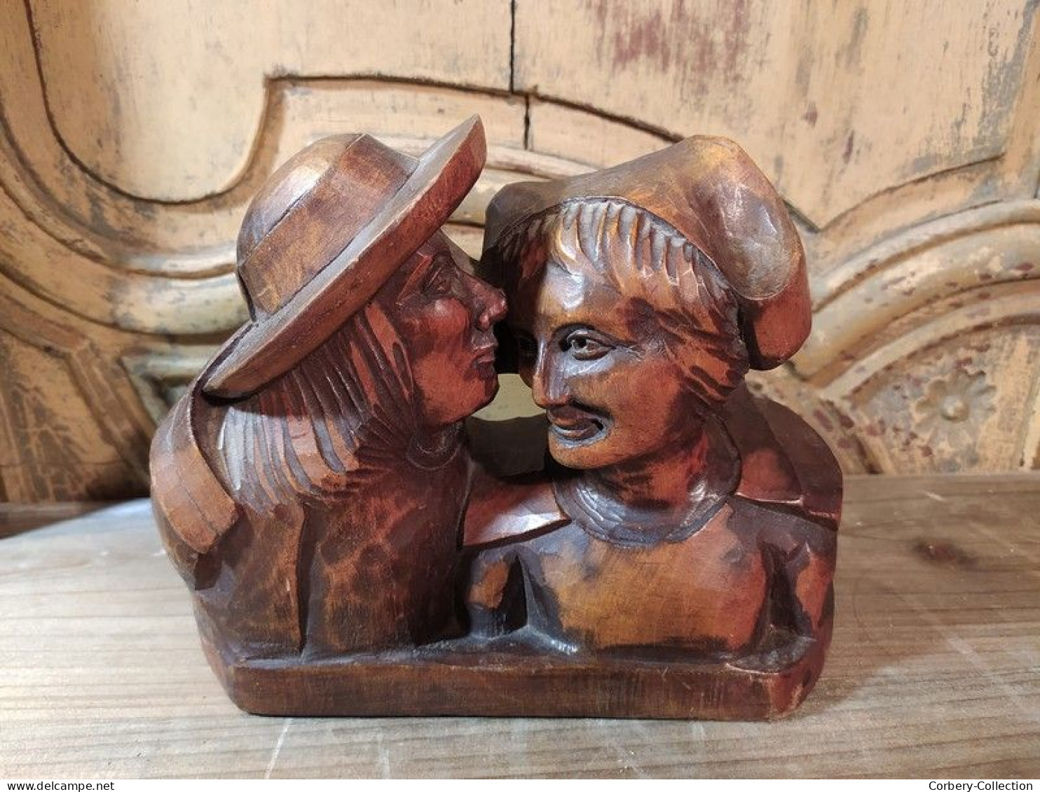 Sculpture Couple De Bretons Bois Sculpté Signé Henri Gouzien Bretagne - Wood