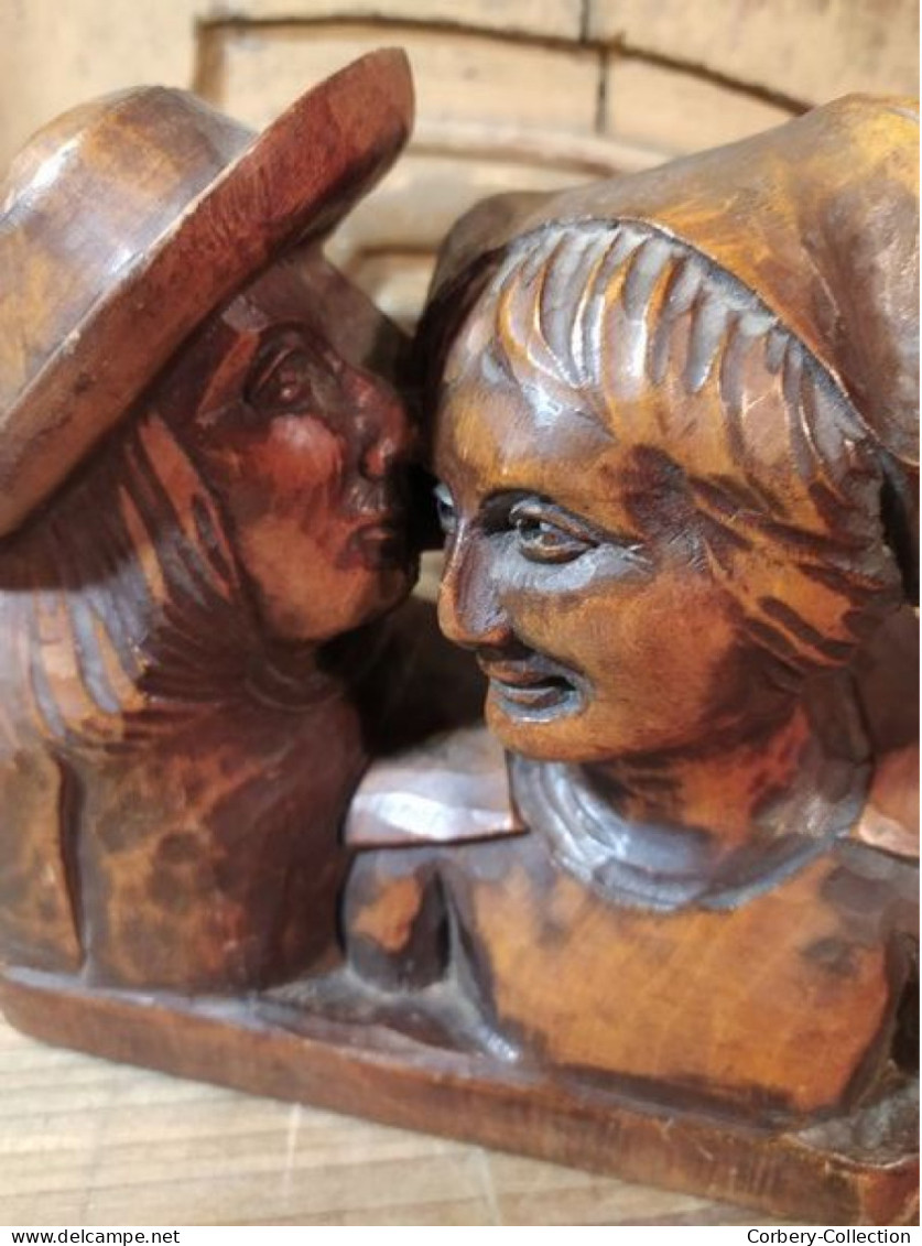 Sculpture Couple de Bretons Bois Sculpté Signé Henri Gouzien Bretagne