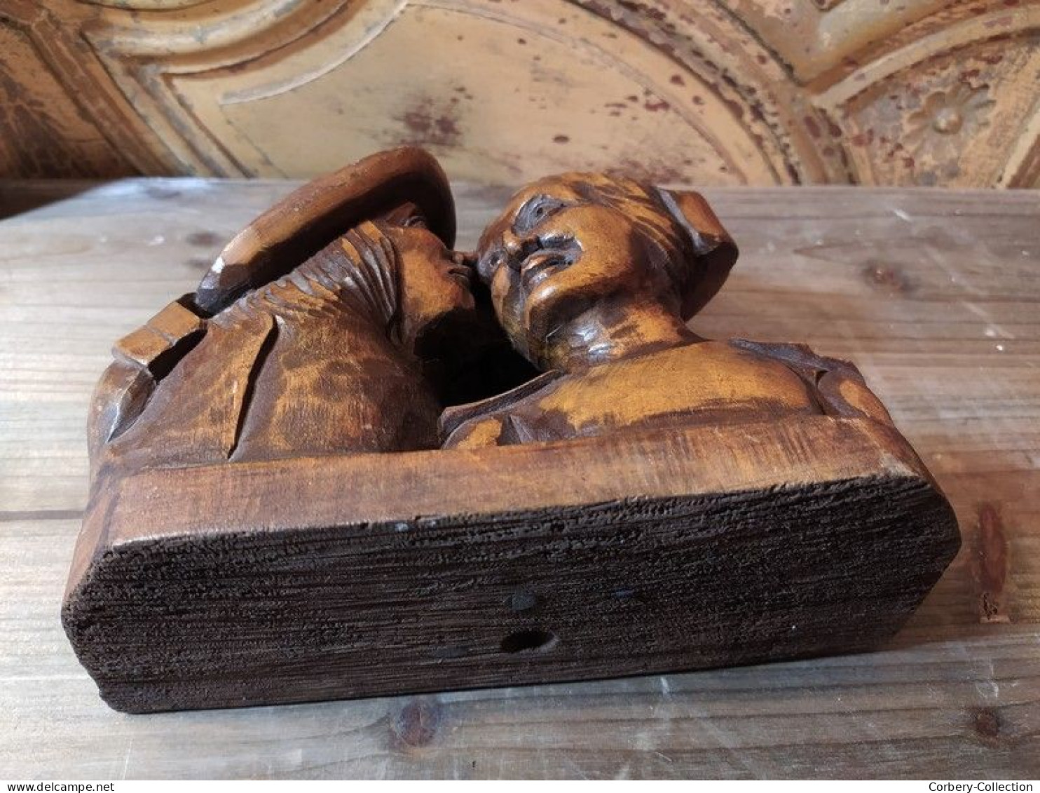 Sculpture Couple de Bretons Bois Sculpté Signé Henri Gouzien Bretagne