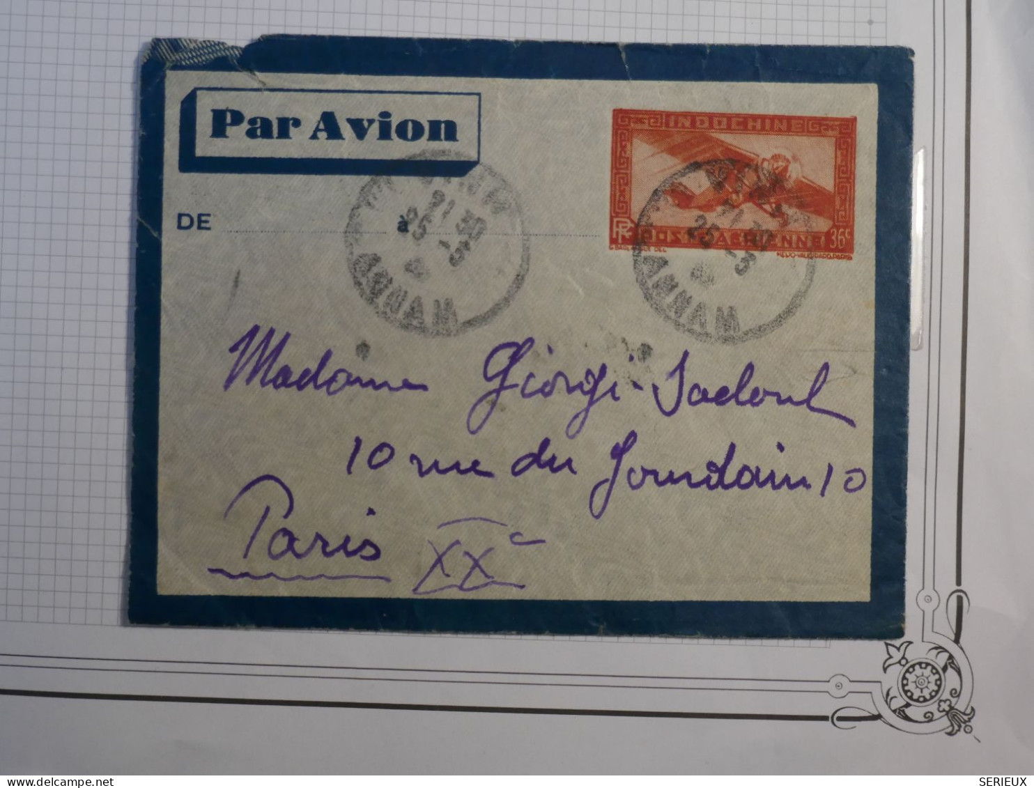 DD18 INDOCHINE BELLE LETTRE RR 1937 PETIT BUREAU VINH  A PARIS FRANCE PAR AVION +AFF. INTERESSANT+++ - Briefe U. Dokumente