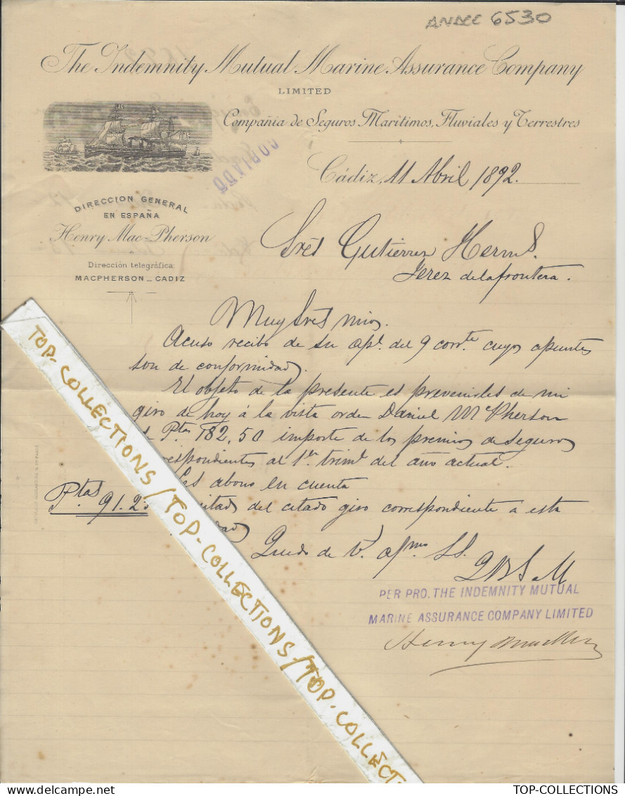 1892  NAVIGATION ASSURANCES MARITIMES Indemnity Mutual Marine Assurance Cy Cadiz Espagne   V. HISTORIQUE - 1800 – 1899