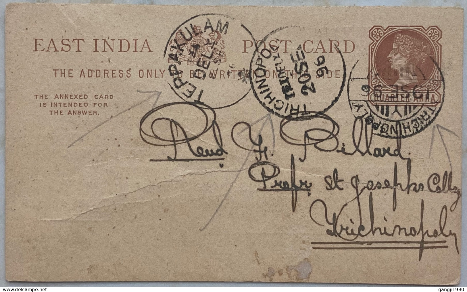 INDIA,1896,STATIONERY QUEEN CARD,EAST INDIA USED,TEPPAKULAM,TRICHINOPOLY 2 DIFF CANCELLATION. - 1882-1901 Keizerrijk