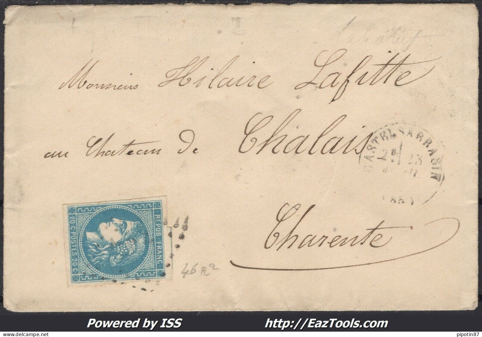 FRANCE N°46B SUR LETTRE GC 764 CASTELSARRAZIN TARN ET GARONNE DU 23/04/1871 - 1870 Bordeaux Printing