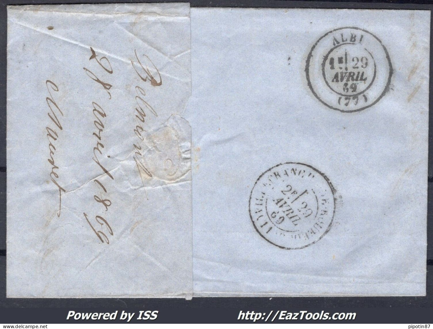 FRANCE N°29B SUR LETTRE GC 436 BELMONT D'AVEYRON AVEYRON + CAD DU 28/04/1869 - 1863-1870 Napoleon III With Laurels