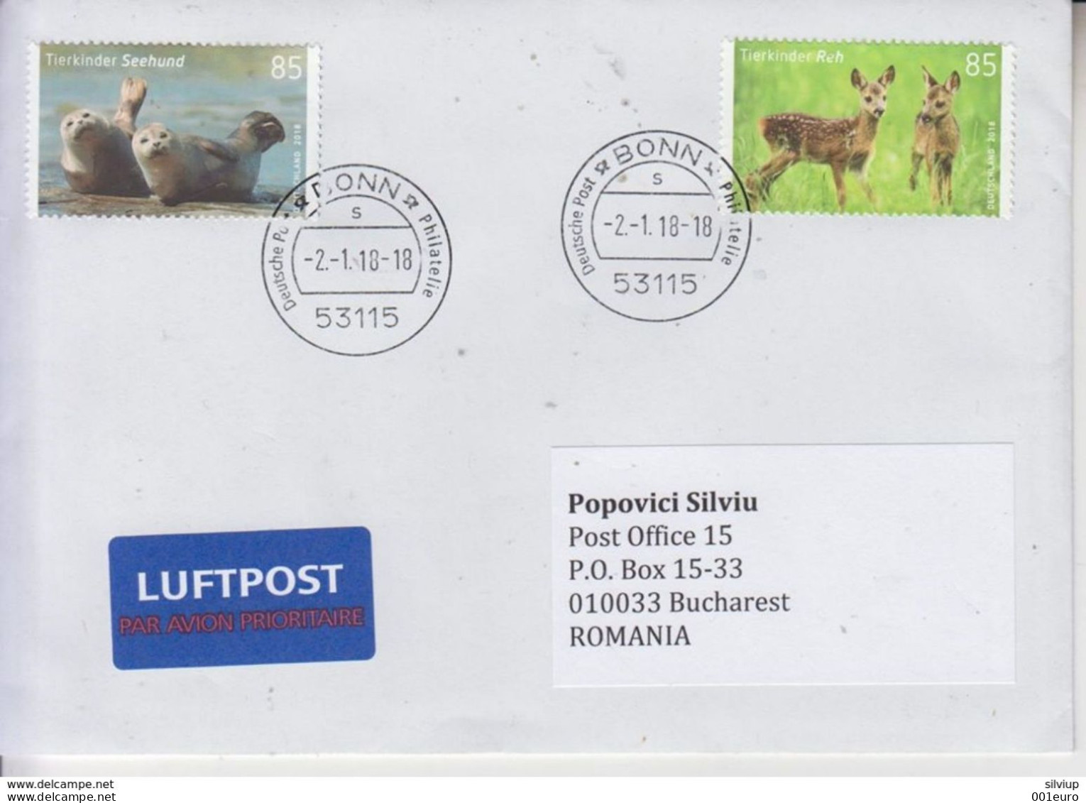 GERMANY : MAMMALS CUBS - SEAL & DEER On Cover Circulated To ROMANIA #511213832 - Registered Shipping! - Gebraucht