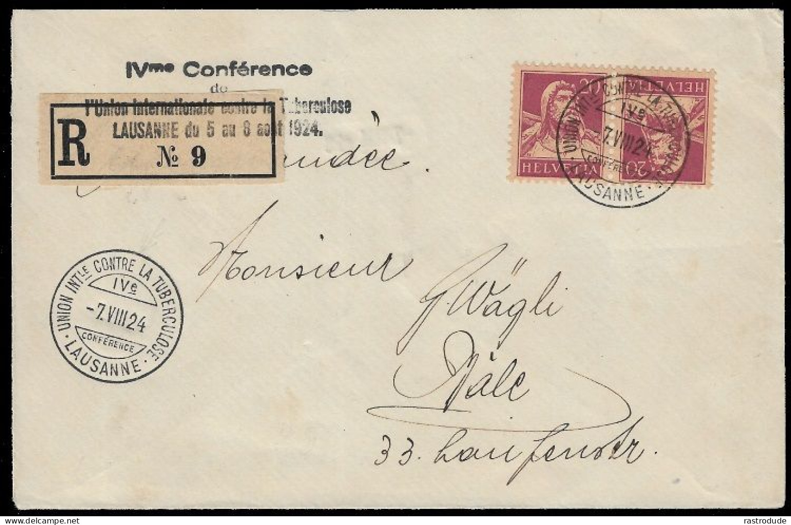 1924  SWITZERLAND RARE REGISTERED LABEL  CONFERENCE L‘UNION INTERNATIONALE CONTRE LA TUBERCULOSE LAUSANNE - Disease