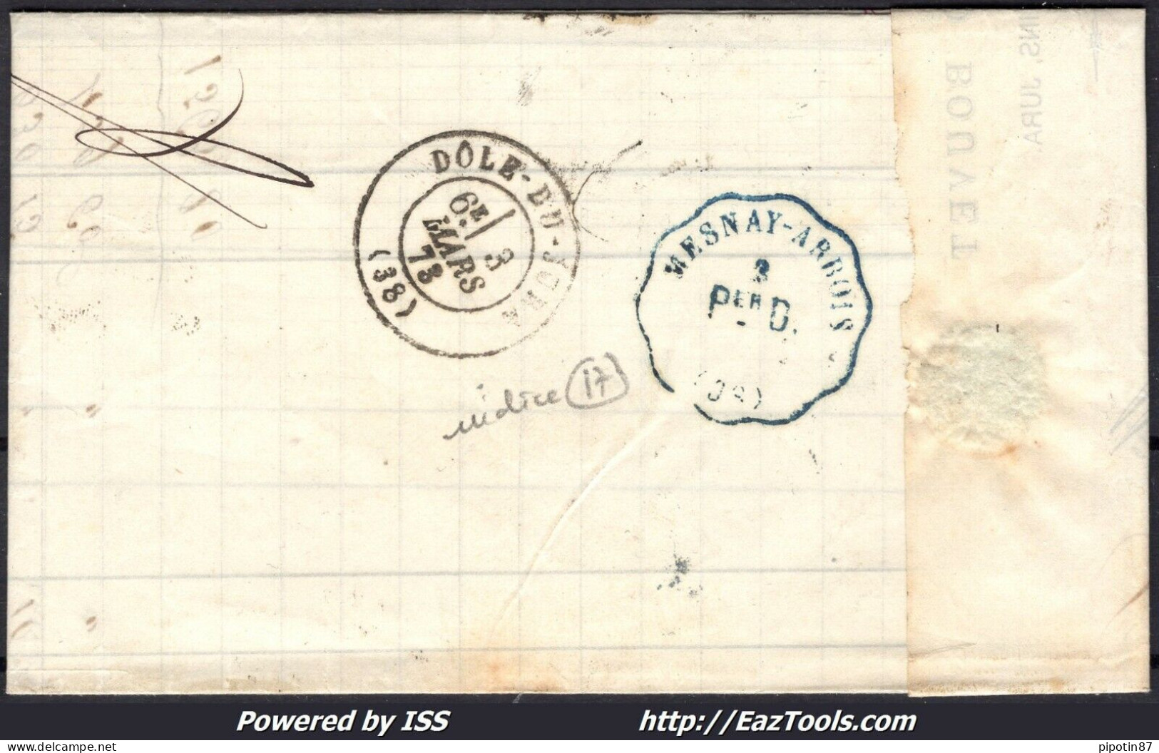 FRANCE N°60A SUR LETTRE POUR DOLE GC 1313 + CAD GARE DE BOUCHARD DU 03/03/1873 - 1871-1875 Cérès