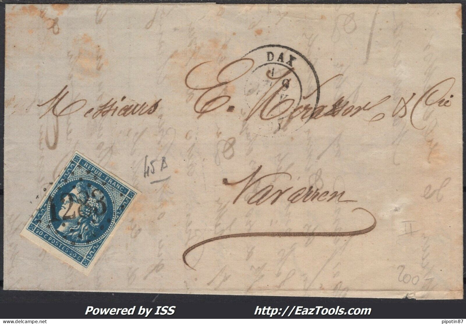 FRANCE N°45A SUR LETTRE GC 1283 DAX LANDES + CACHET A DATE DU 09/01/1871 - 1870 Bordeaux Printing