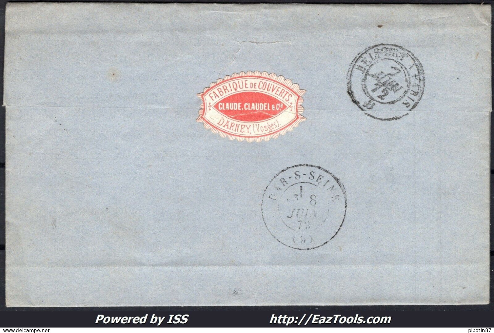 FRANCE N°60A SUR LETTRE POUR BAR/SEINE GC 1280 DARNEY VOSGES + CAD DU 07/06/1872 - 1871-1875 Ceres