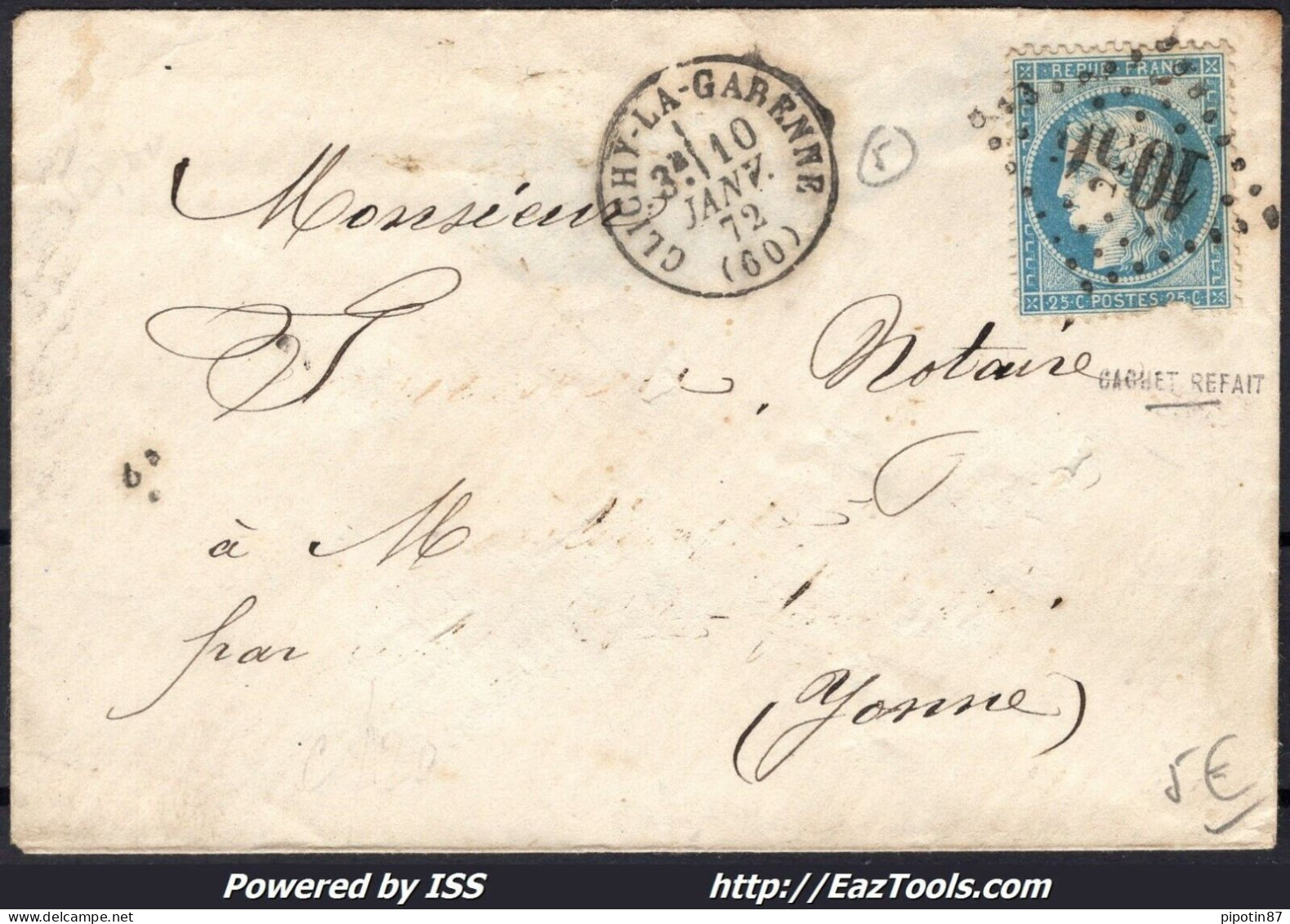 FRANCE N°60A SUR LETTRE GC 1056 CLICHY LA GARENNE SEINE + CAD DU 10/01/1872 - 1871-1875 Ceres