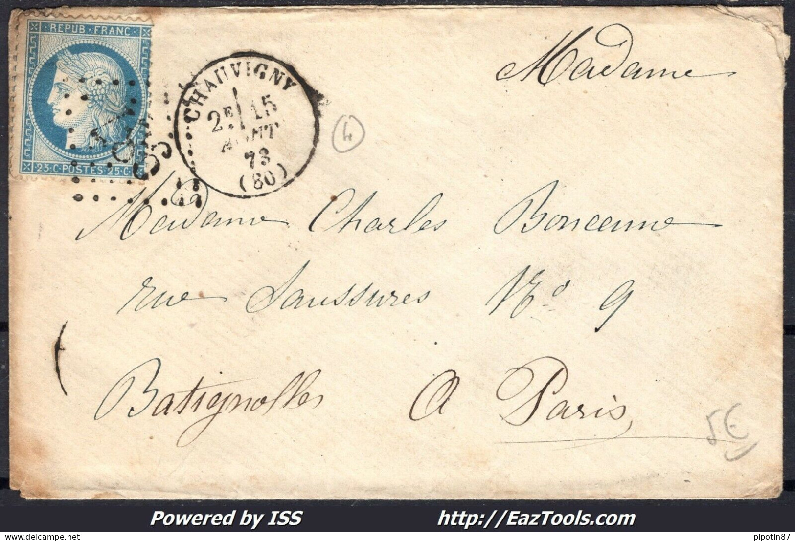 FRANCE N°60C SUR LETTRE POUR PARIS GC 987 CHAUVIGNY VIENNE + CAD 15/08/1873 - 1871-1875 Ceres