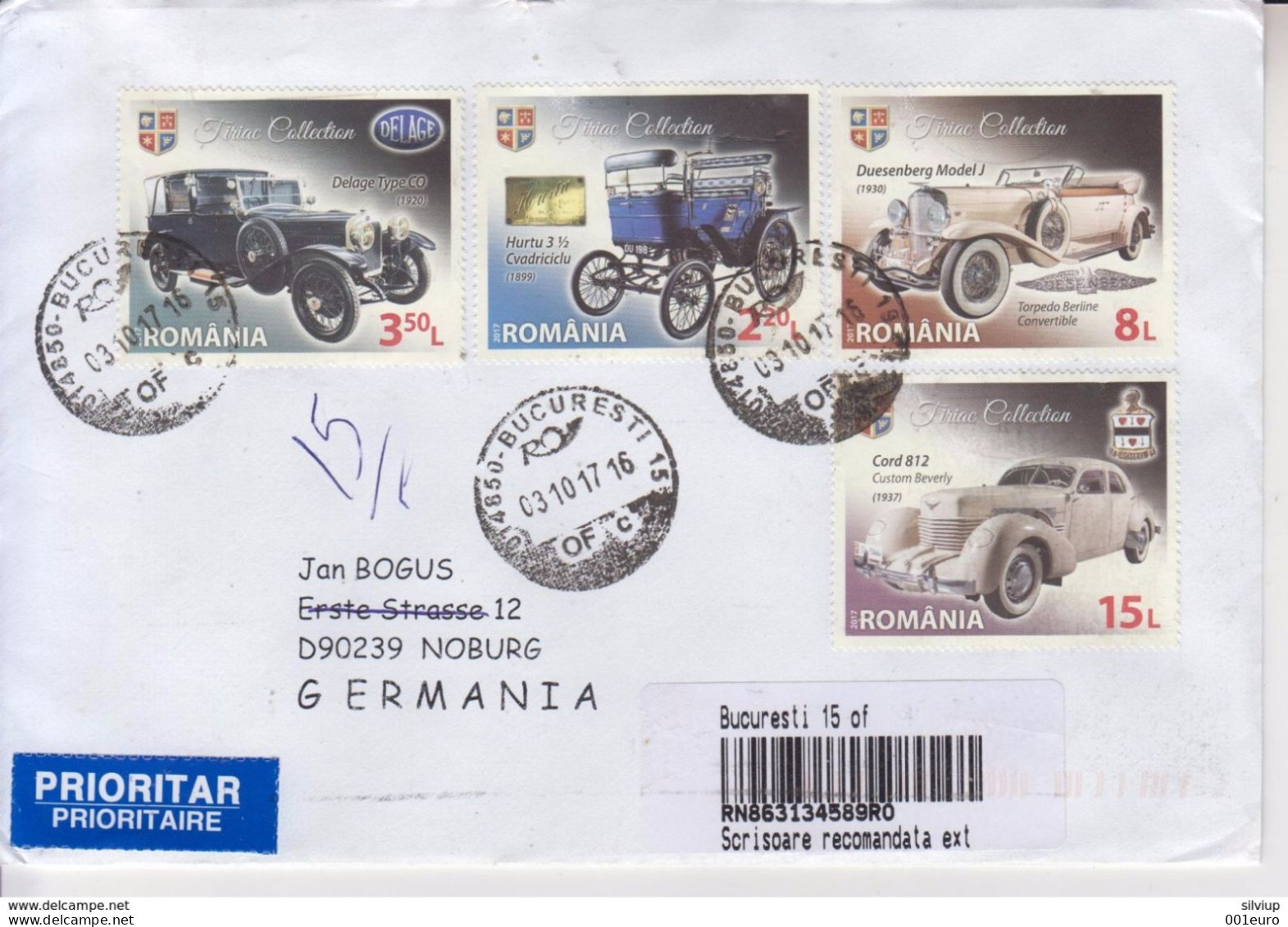 ROMANIA 2017: OLD CARS On Circulated Cover To GERMANY And Back #483276405 - Registered Shipping! - Used Stamps