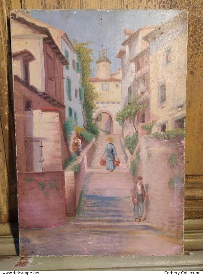 Ancien Tableau Village Provençale Ou Napolitain Non Signé - Oils