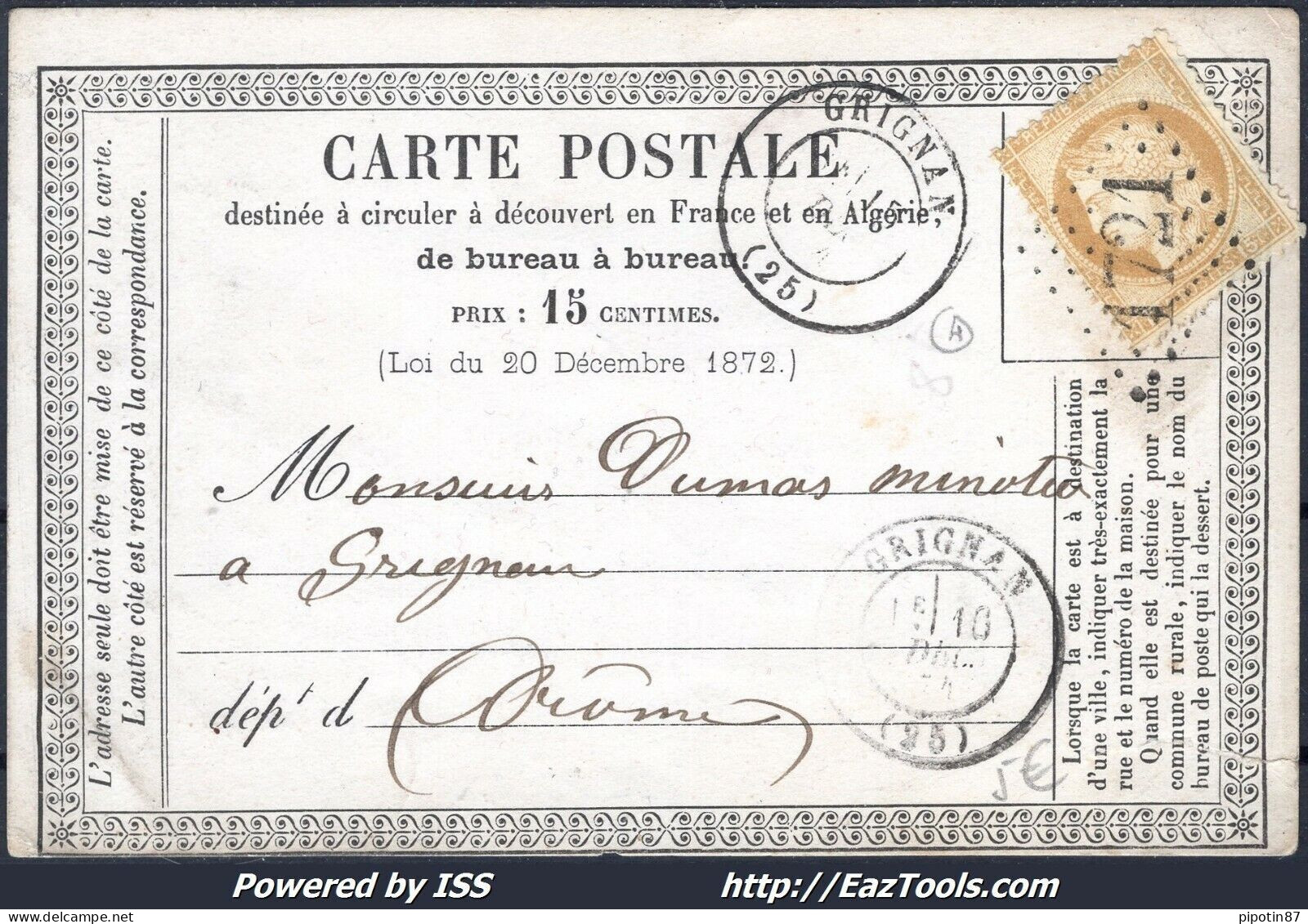 FRANCE N°55 SUR CP POUR GRIGNAN GC 1721 GRIGNAN DROME + CAD DU 10/12/1874 - 1871-1875 Cérès