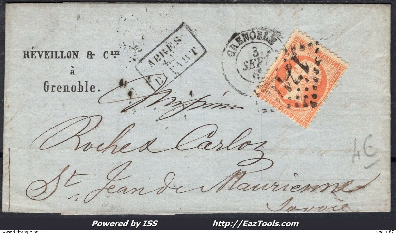 FRANCE N° 23 SUR LETTRE GC 1716 GRENOBLE ISERE + CAD DU 03/09/1866 APRES DEPART - 1862 Napoleon III