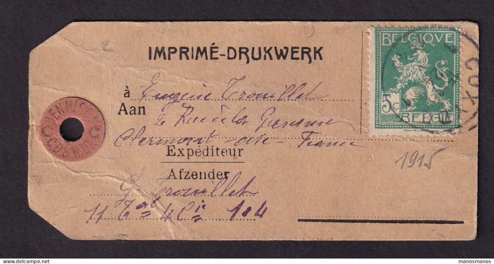 822/39  -- Etiquette D' Echantillon TP Pellens 5 C COXYDE 1915 Vers CLERMONT Oise - Tarif IMPRIME - Très Peu Commun - Niet-bezet Gebied