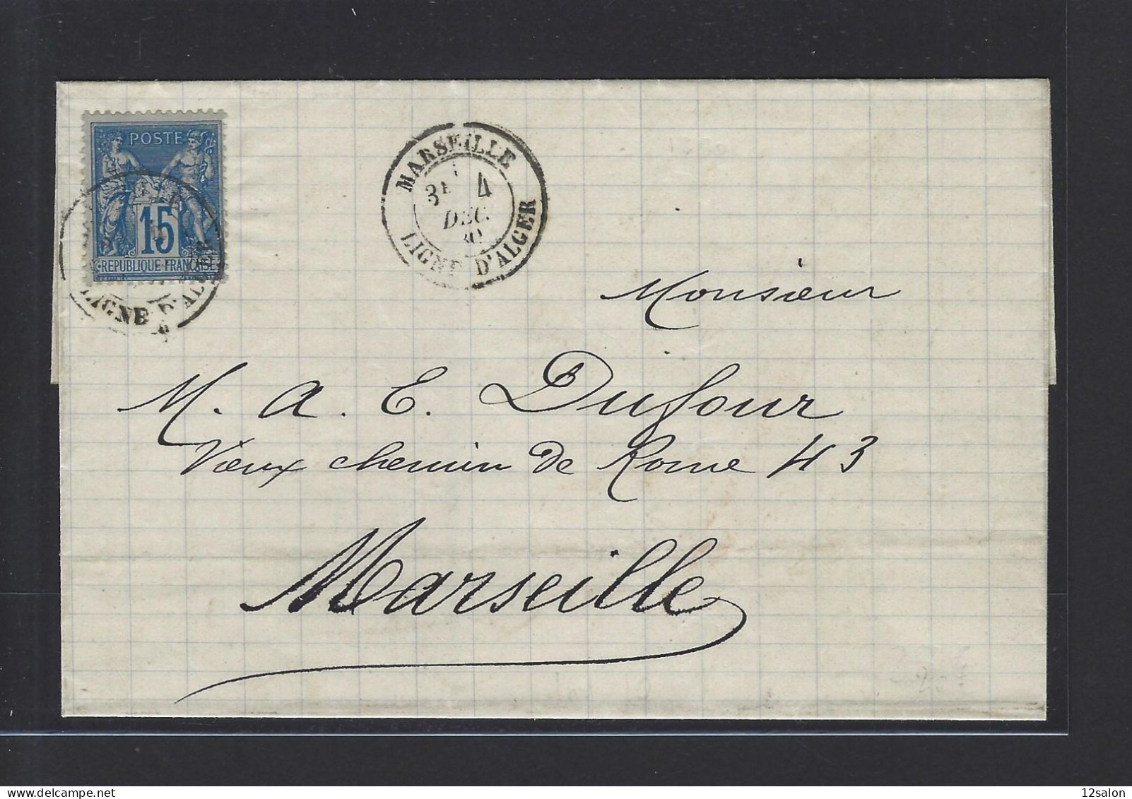 MARITIME SAGE N°90 OBL CAD "Marseille Ligne D'Alger" (1880) Répété à Côté Sur Lettre D'Alger - Poste Maritime