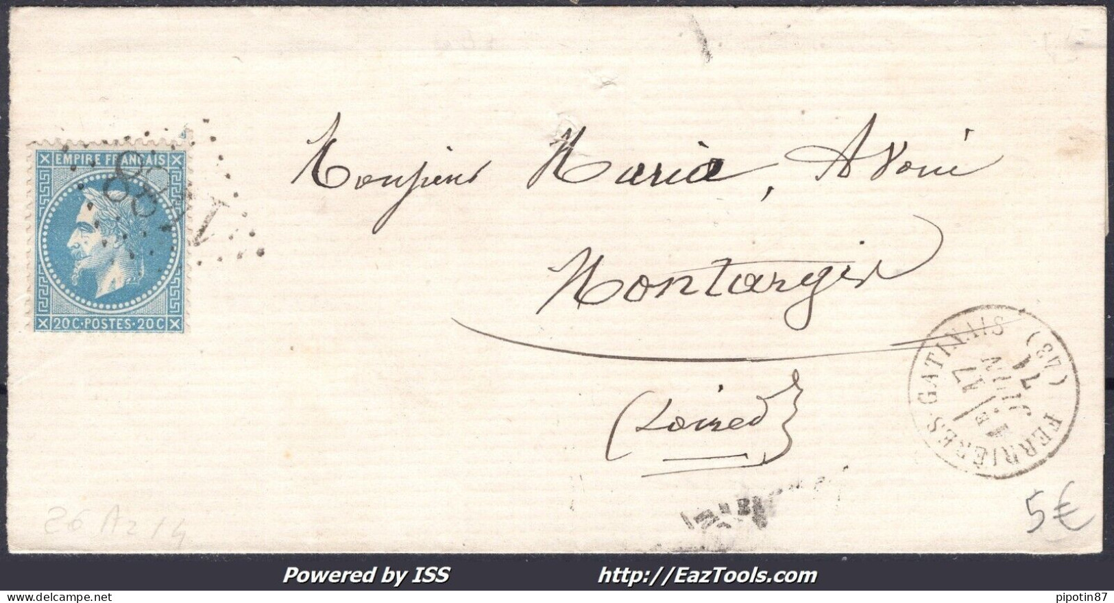 FRANCE N°29B SUR LETTRE GC 1488 FERRIERES GATINAIS LOIRET + CAD DU 17/06/1871 - 1863-1870 Napoléon III Lauré