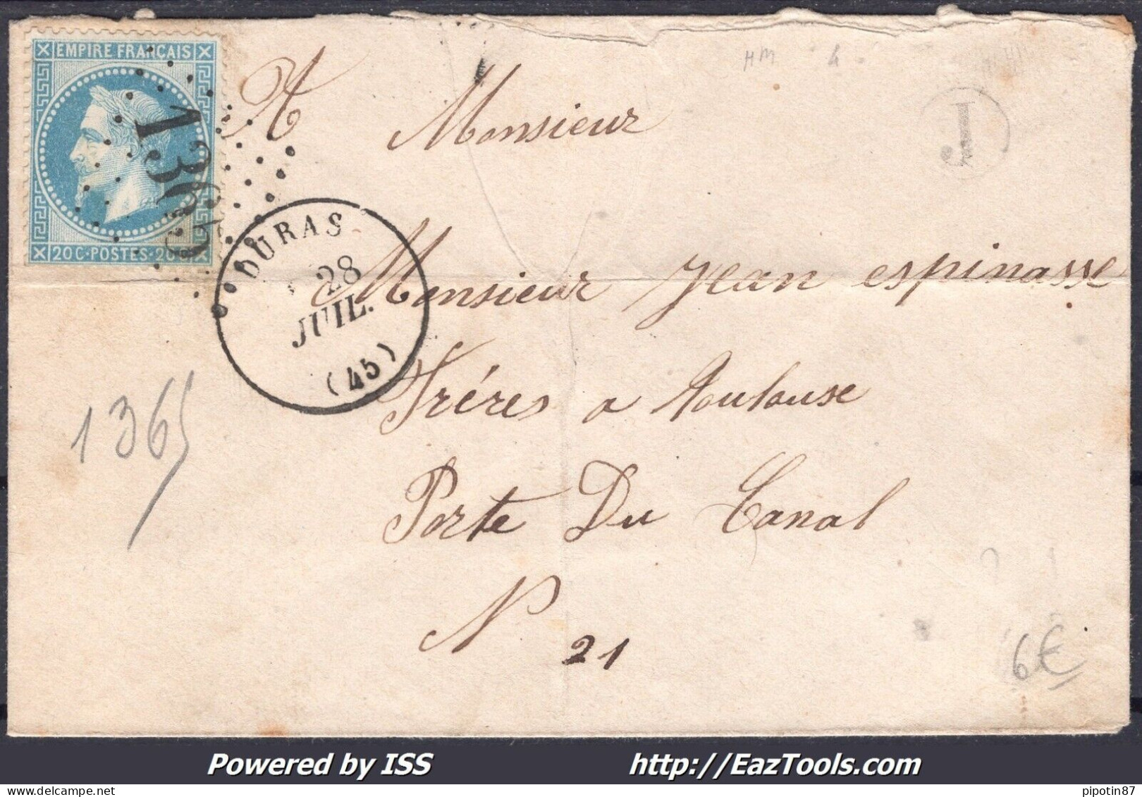 FRANCE N°29B SUR LETTRE GC 1365 DURAS LOT ET GARONNE + CAD DU 28/07/1870 - 1863-1870 Napoleon III Gelauwerd