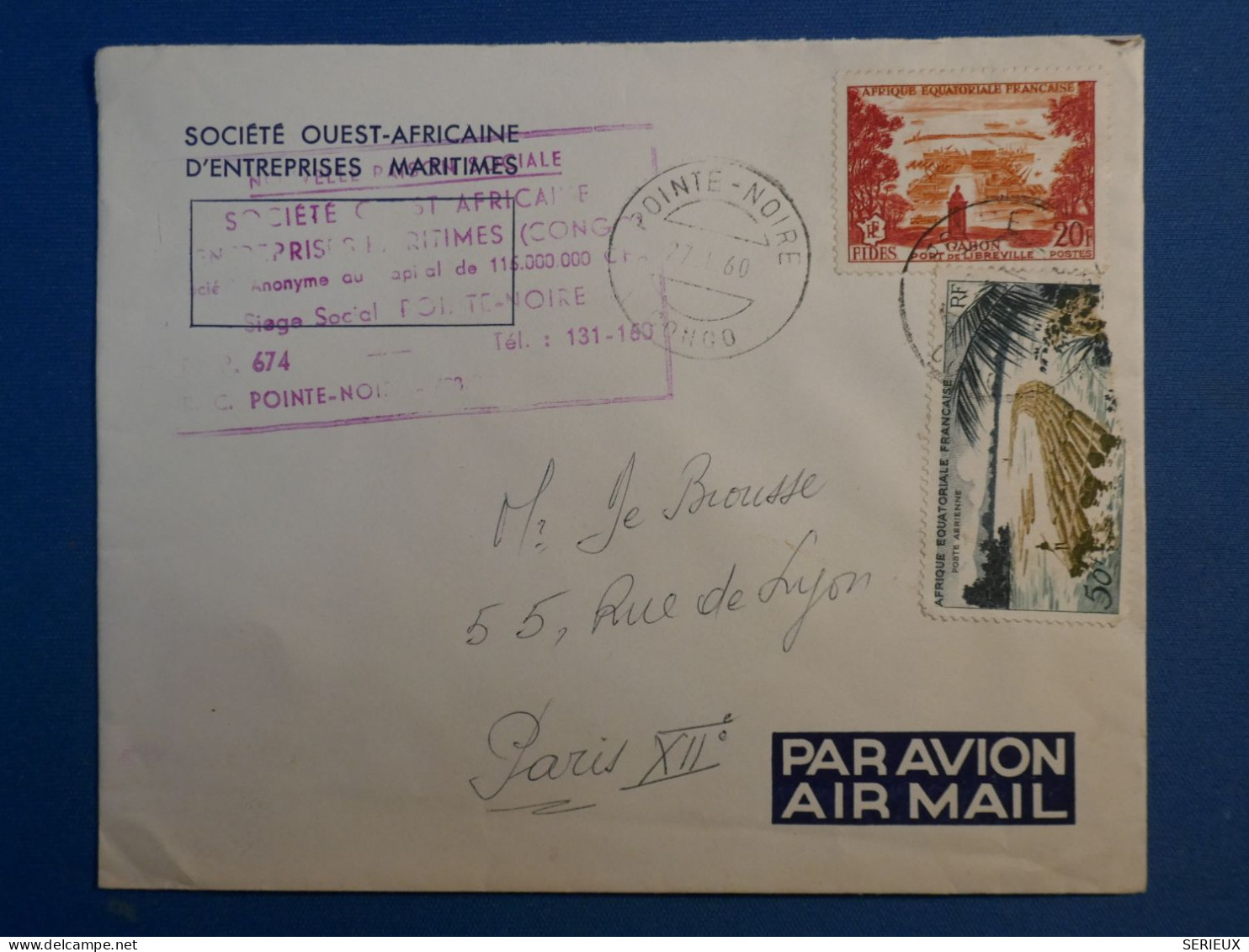 DD18  AEF  CONGO LETTRE ENTREPRISES MARITIMES  1960 PAR AVION  POINTE NOIRE A PARIS FRANCE ++AFF. INTERESSANT+++ - Cartas & Documentos