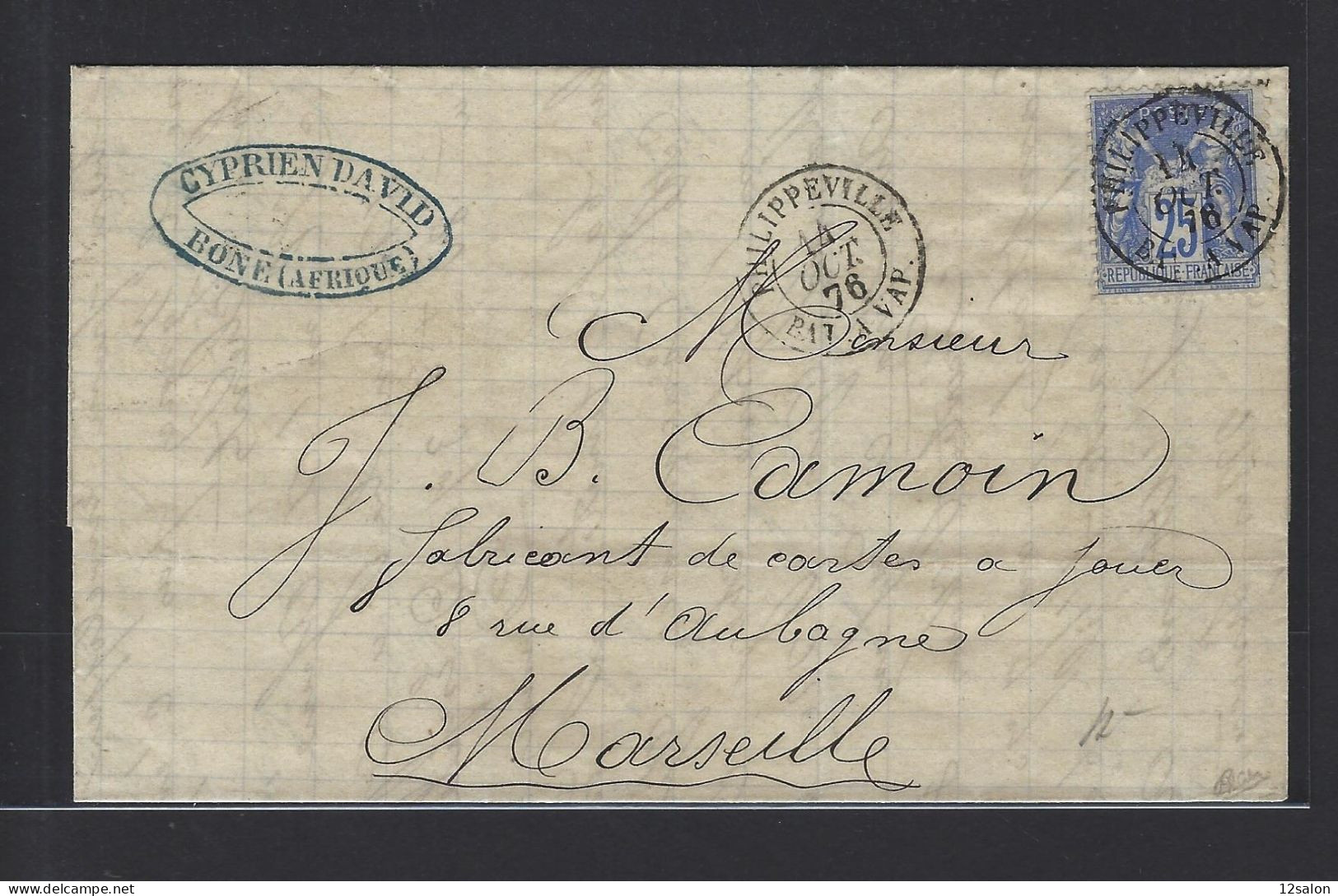 MARITIME SAGE N°78 OBL CAD "Philippeville Bat A Vap" (1876) Répété à Côté Sur Lettre De Bône Pour Marseille (S497 B), In - Correo Marítimo