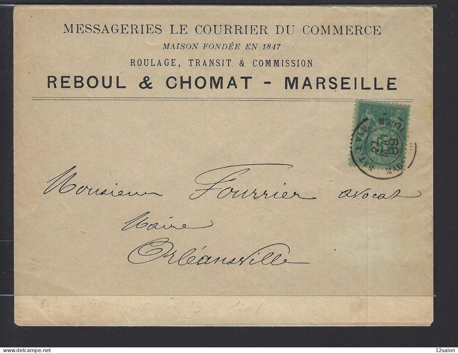 MARITIME SAGE N°75 OBL CAD "Bat A Vap Marseille-Alger" (1889) Sur Lettre De Marseille Pour Orléansville" (Salles N°567) - Maritieme Post