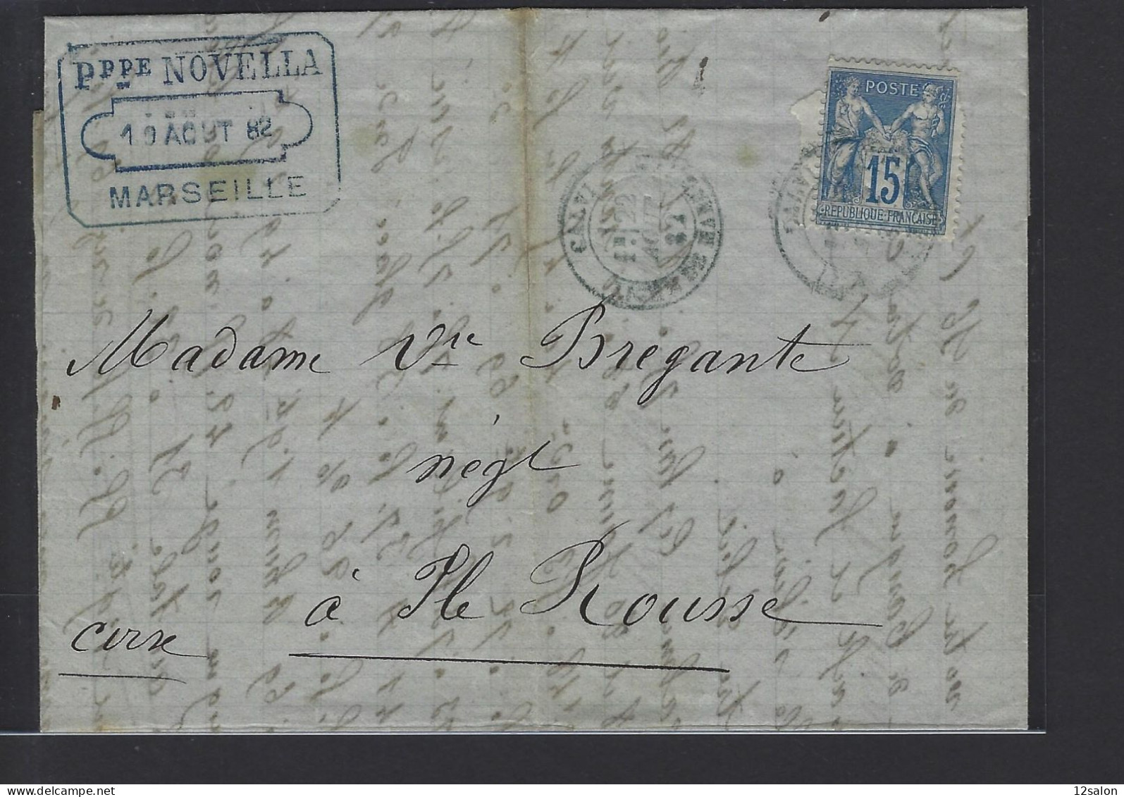 MARITIME SAGE N°90 OBL Rare CAD Bleu "Calvi Ligne De Marseille" (1882) Marseille Pour L'Ile Rousse(Salles N°448, Ind 18) - Maritieme Post
