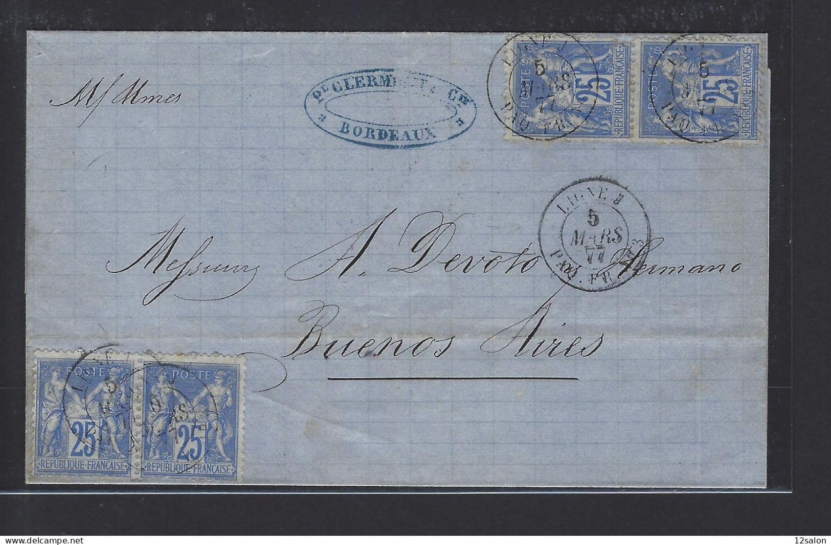 MARITIME SAGE N°78, 2 Paires, OBL CAD "Ligne J Paq. FR N°3" (1877) Sur Lettre De Bordeaux Pour Buenos Aires Ind 20 - Maritime Post