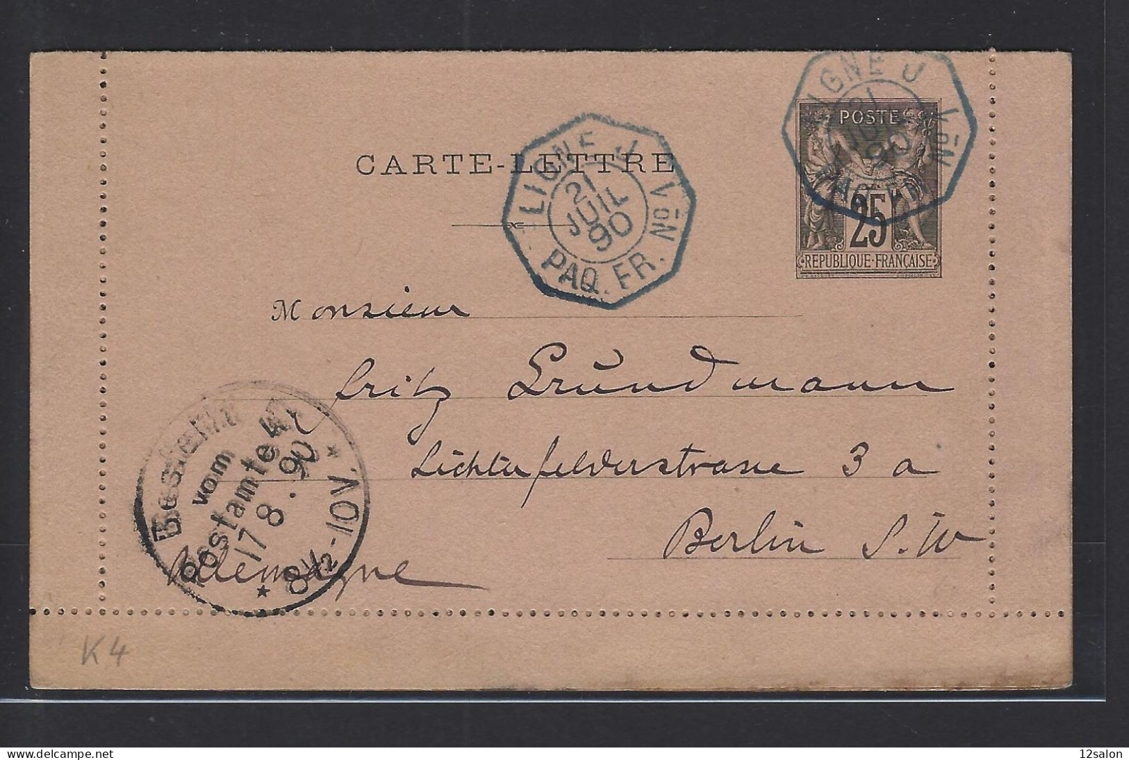 MARITIME SAGE Entier Carte-lettre 25c Sage Noir Sur Rose OBL CAD Octogonal Bleu à Cercle Intérieur "Ligne J Paq.FR N°1" - Correo Marítimo