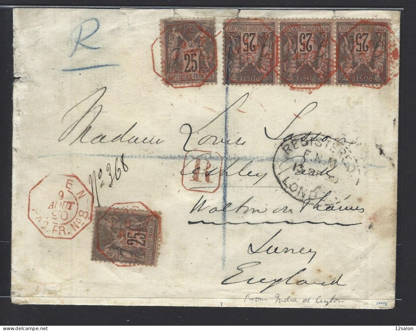 MARITIME SAGE N°97, 5 Pièces, OBL CAD Octogonal Rouge à Cercle Intérieur "Ligne N Paq. FR N°8" (1890) Lettre Recommandée - Poste Maritime