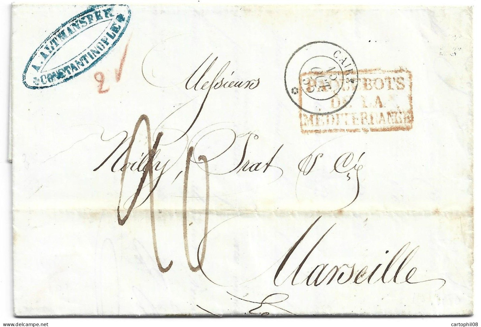 1855 TURKEY FRANCE LEVANT CONSTANTINOPLE MARSEILLE  SHIP MAIL CACHET MARITIME PAQUEBOTS DE LA MEDITERRANEE VAPEUR CAIRE - ...-1858 Voorfilatelie