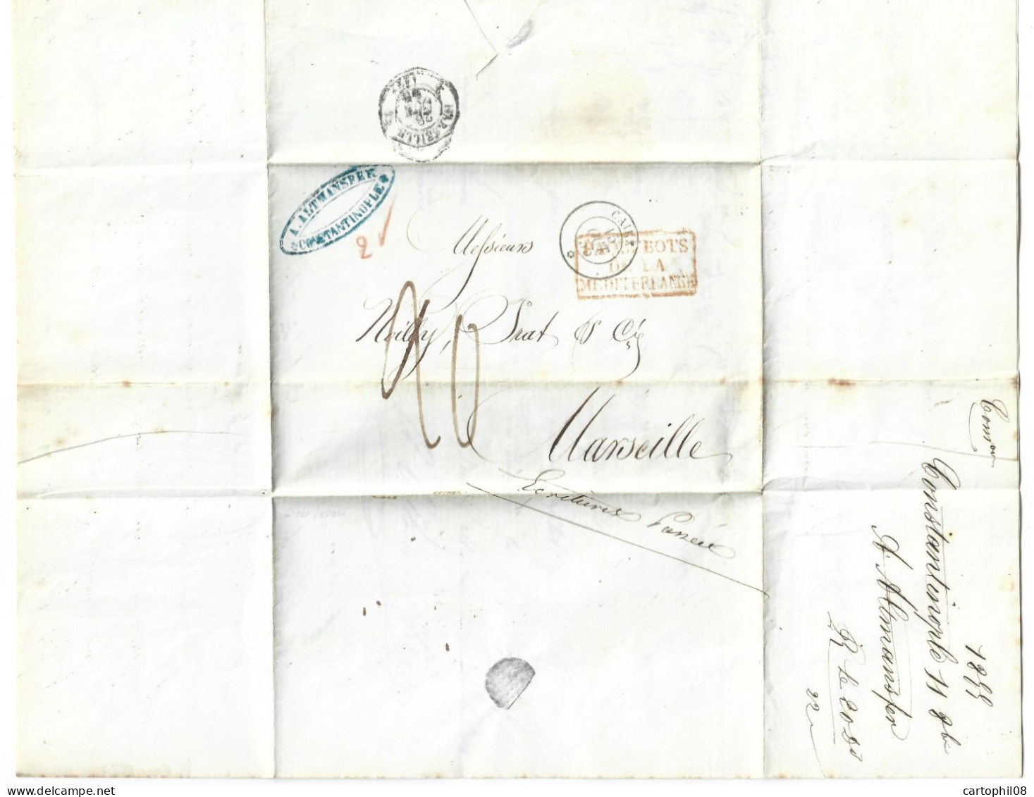 1855 TURKEY FRANCE LEVANT CONSTANTINOPLE MARSEILLE  SHIP MAIL CACHET MARITIME PAQUEBOTS DE LA MEDITERRANEE VAPEUR CAIRE - ...-1858 Voorfilatelie