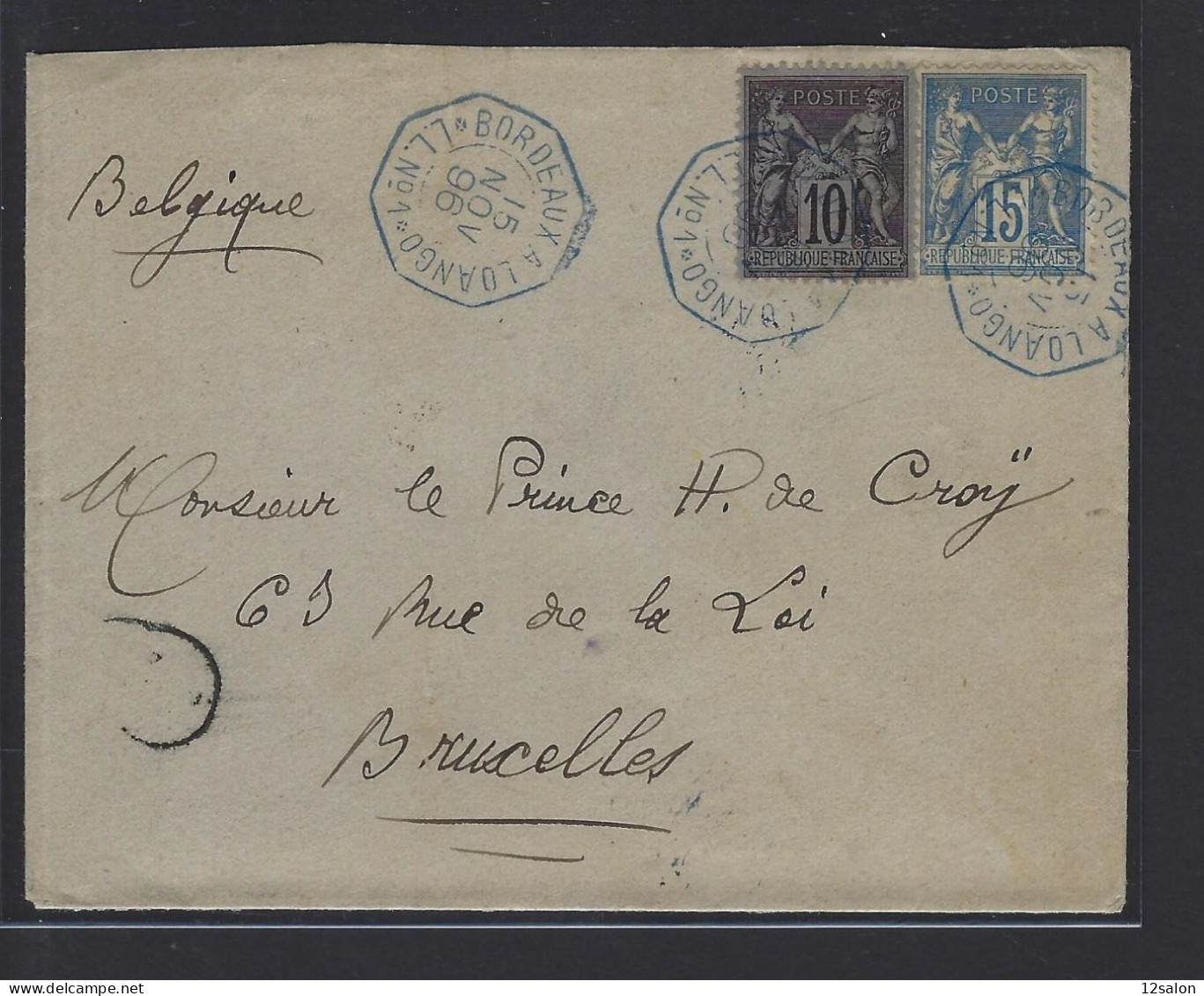 MARITIME SAGE N°89 + 90 OBL CAD Octogonal Bleu à Cercle Intérieur "Bordeaux à Loango LL N°1" (1891) (Salles N°1211) - Maritieme Post