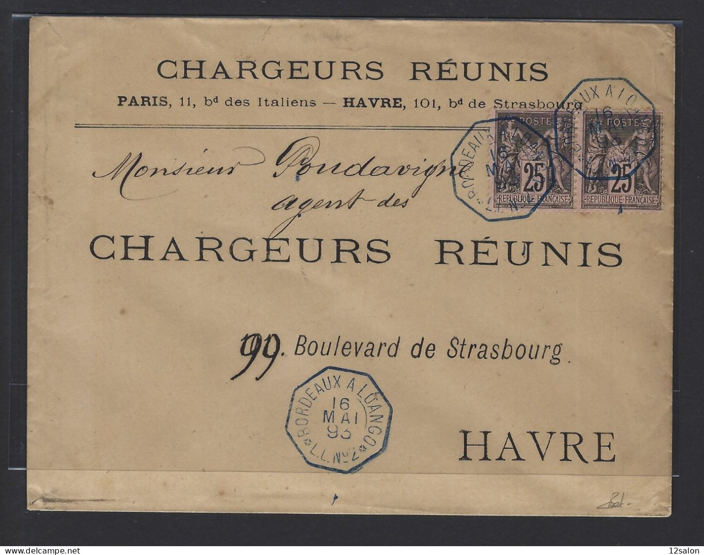 MARITIME SAGE N°97, 2 Pièces, OBL CAD Octogonal Leu à Cercle Intérieur "Bordeaux à Loango LL N°2" (1893) - Schiffspost