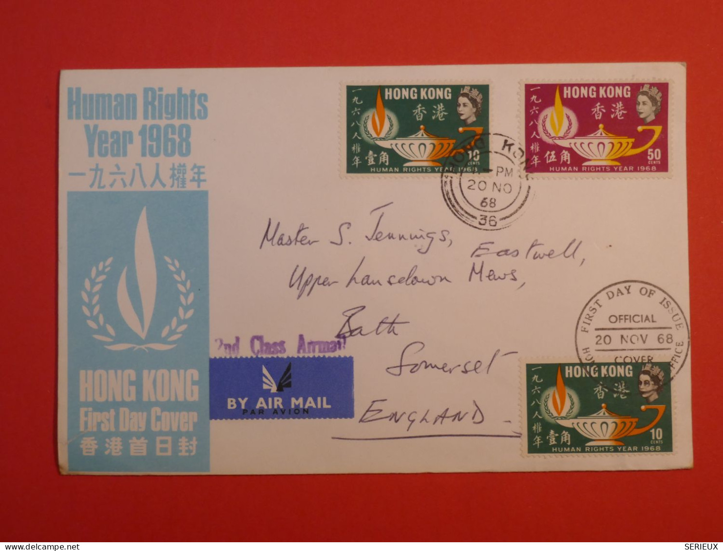 DD19  HONG KONG BELLE LETTRE FDC  1968  A BATH GREAT BRITAIN  +HUMANS RIGHTS +AFFRANCH. INTERESSANT+++ - ...-1979