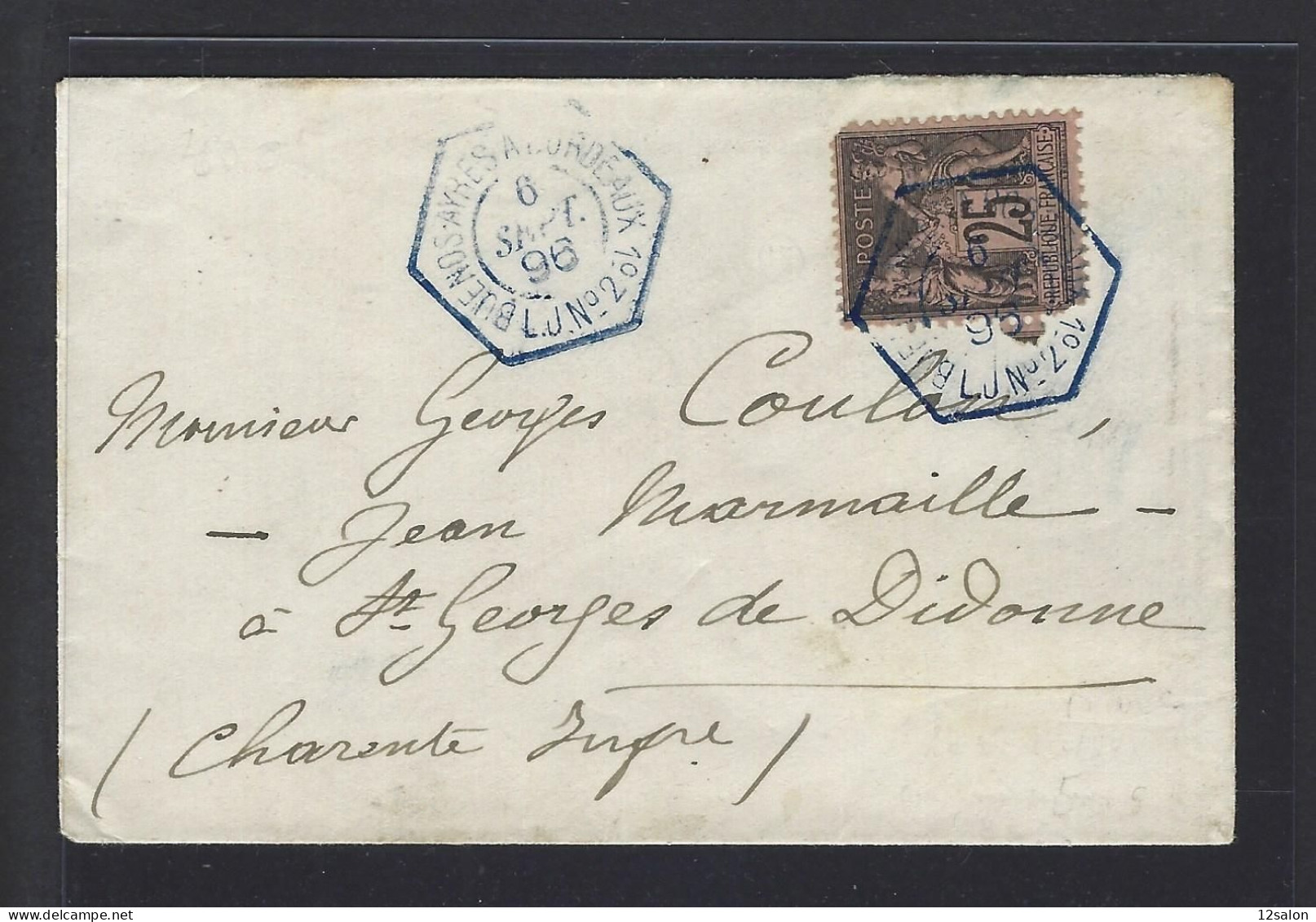 MARITIME SAGE N°97 OBL CAD Hexagonal Bleu à Cercle Intérieur "Buenos Aires à Bordeaux 1° LJ N°2" (1896) (Salles 1069) - Poste Maritime