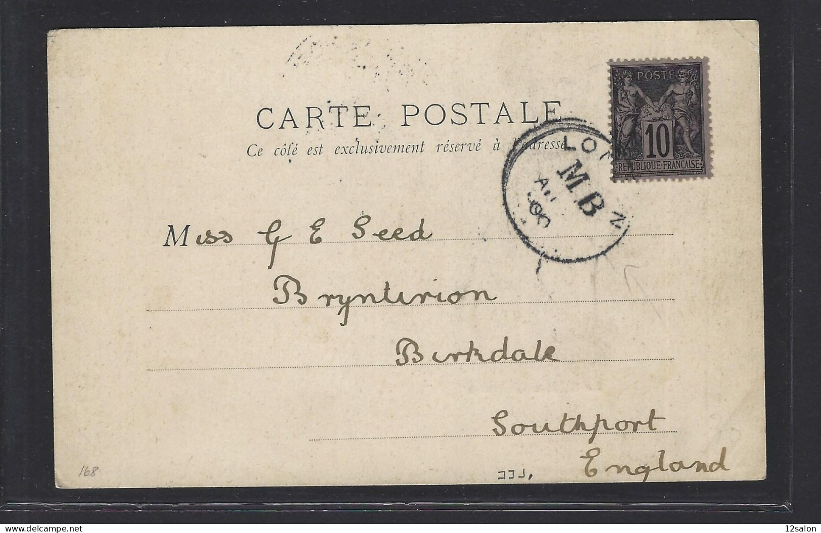 MARITIME SAGE N°103 OBL CAD "London MB" (1900) Sur Carte Postale De Dieppe Pour Southport (GB) - Maritime Post