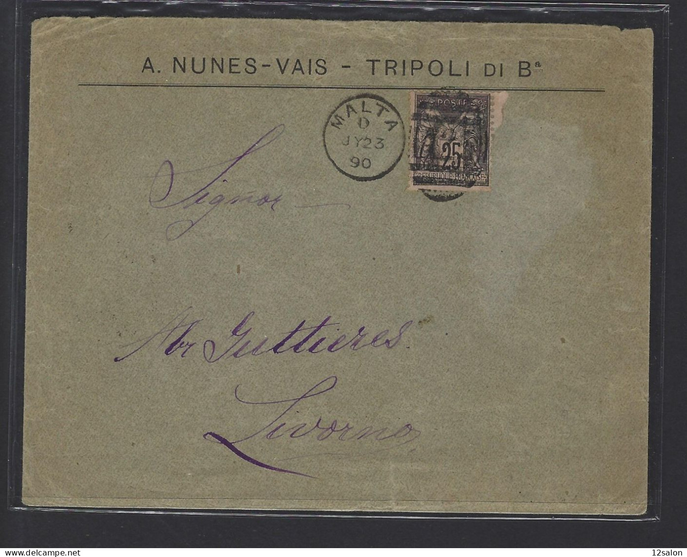 MARITIME SAGE N°97 OBL Duplex "A 25 Malta" (1890) Sur Lettre De Tripoli De Barbarie (Libye) Pour Livourne - Posta Marittima