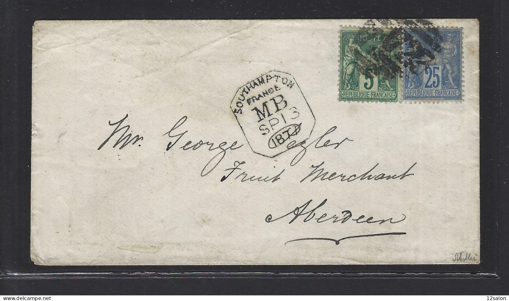 MARITIME SAGE N°75 + 79 OBL Duplex 723 + CAD Tombstone "Southampton France MB" (1877) - Posta Marittima