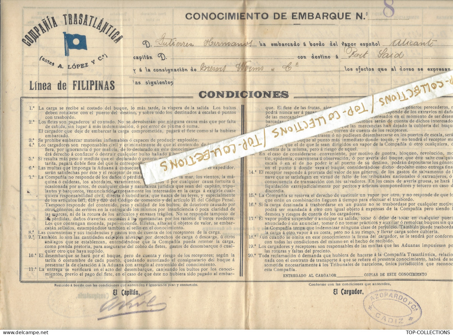 NAVIGATION 1915 ENTETE PAVILLON HOUSEFLAG BILL OFLADING Compania  Trasatlantica Cadiz V.HISTORIQUE - Spanien