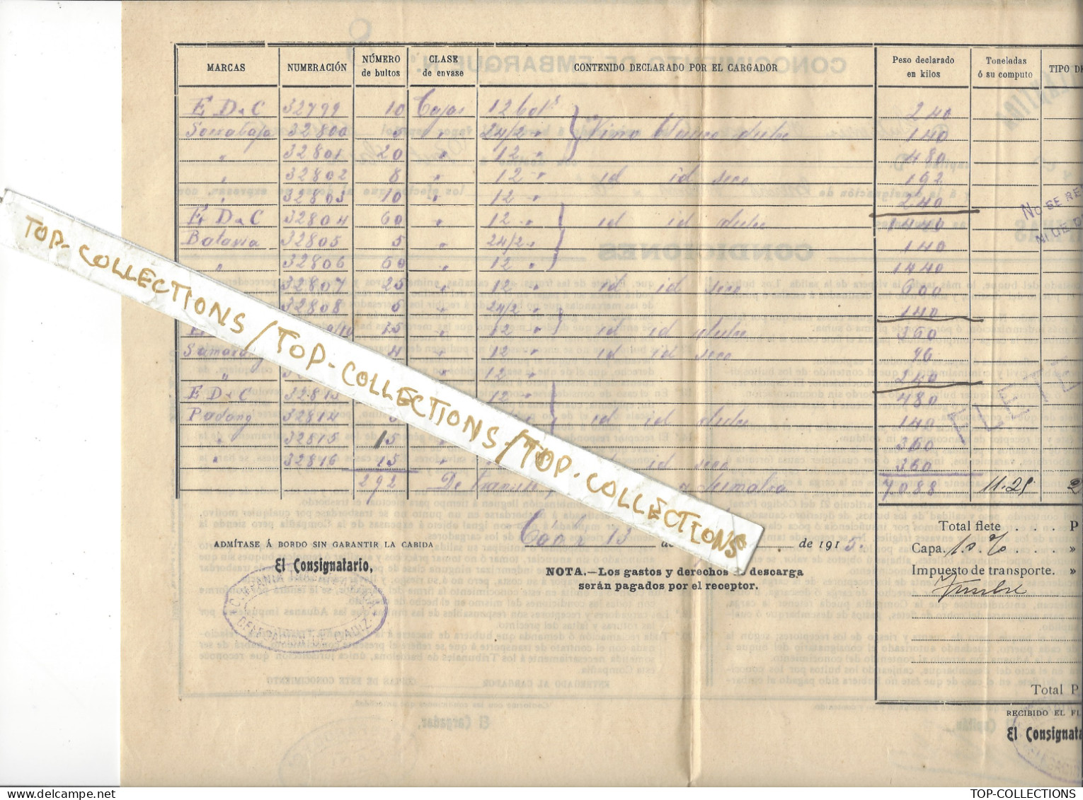 NAVIGATION 1915 ENTETE PAVILLON HOUSEFLAG BILL OFLADING Compania  Trasatlantica Cadiz V.HISTORIQUE - Spain