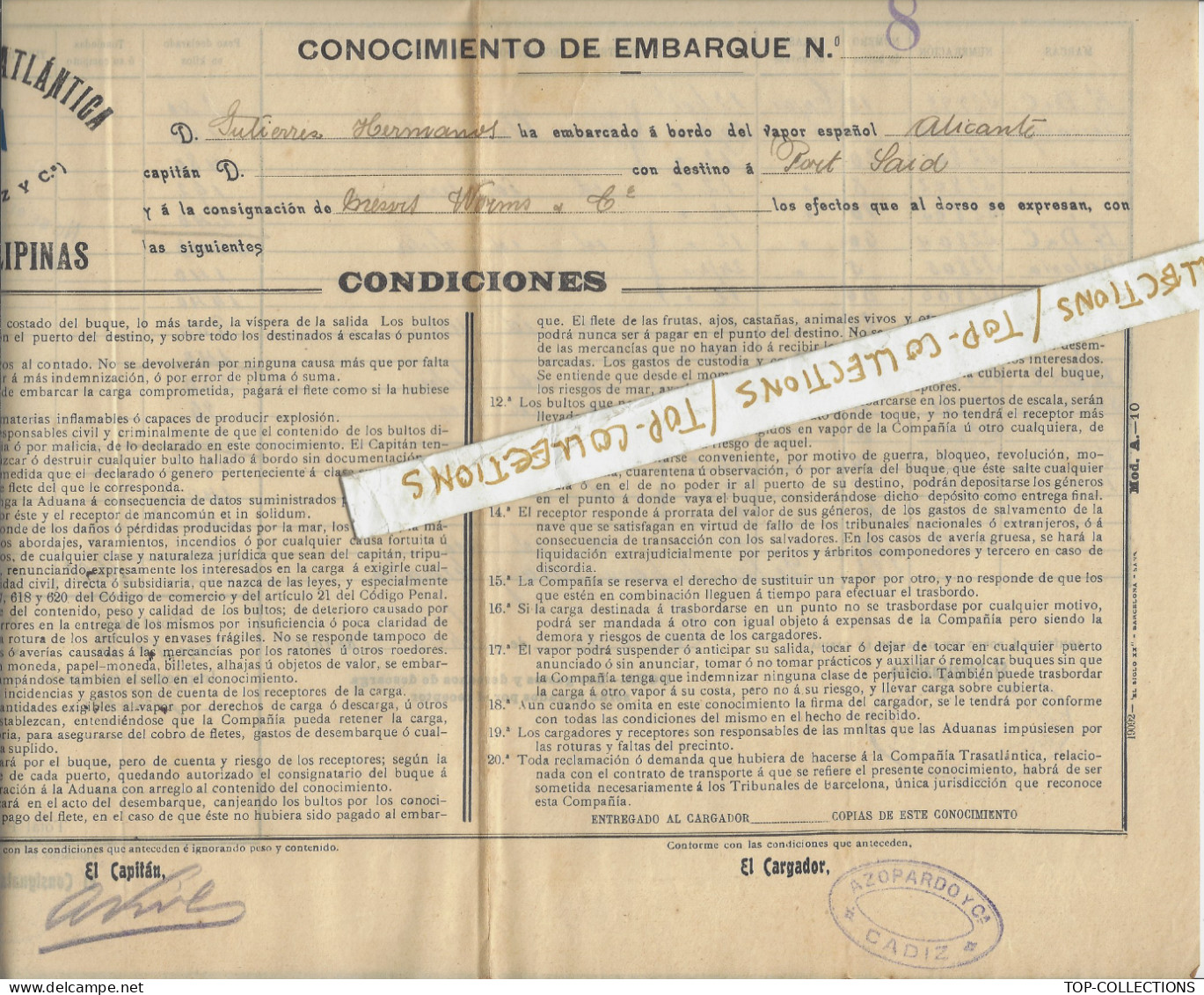 NAVIGATION 1915 ENTETE PAVILLON HOUSEFLAG BILL OFLADING Compania  Trasatlantica Cadiz V.HISTORIQUE