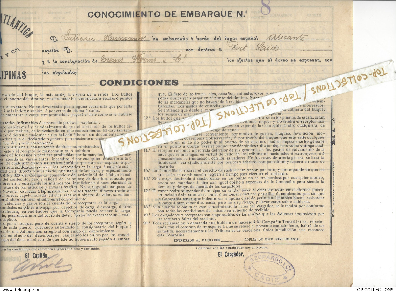 NAVIGATION 1915 ENTETE PAVILLON HOUSEFLAG BILL OFLADING Compania  Trasatlantica Cadiz V.HISTORIQUE