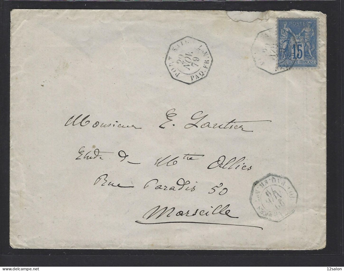 MARITIME SAGE N°90 OBL CAD Octogone Sur La Pointe "Port-Saïd Paq. FR N°7" (1879 - Salles N°1941), Ind 19 - Maritime Post