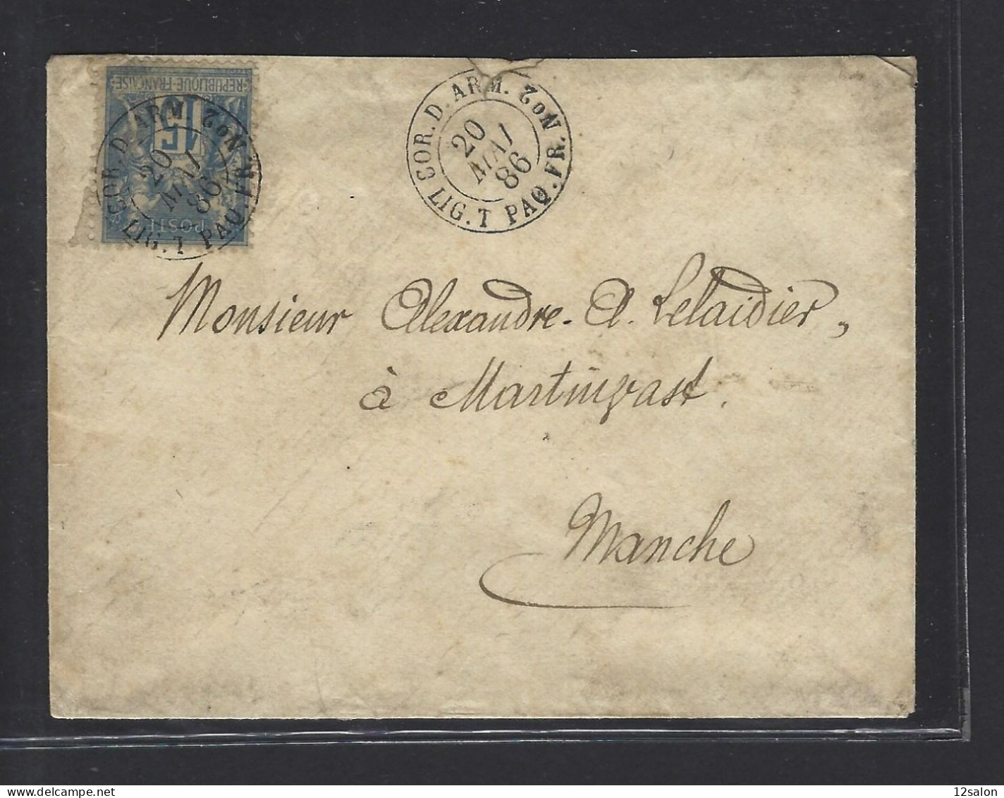 MARITIME SAGE N°90 OBL CAD Rond "Corr D Arm Lig T Paq FR N°2" (1886) Répété à Côté (Salles N°2161) - Maritime Post