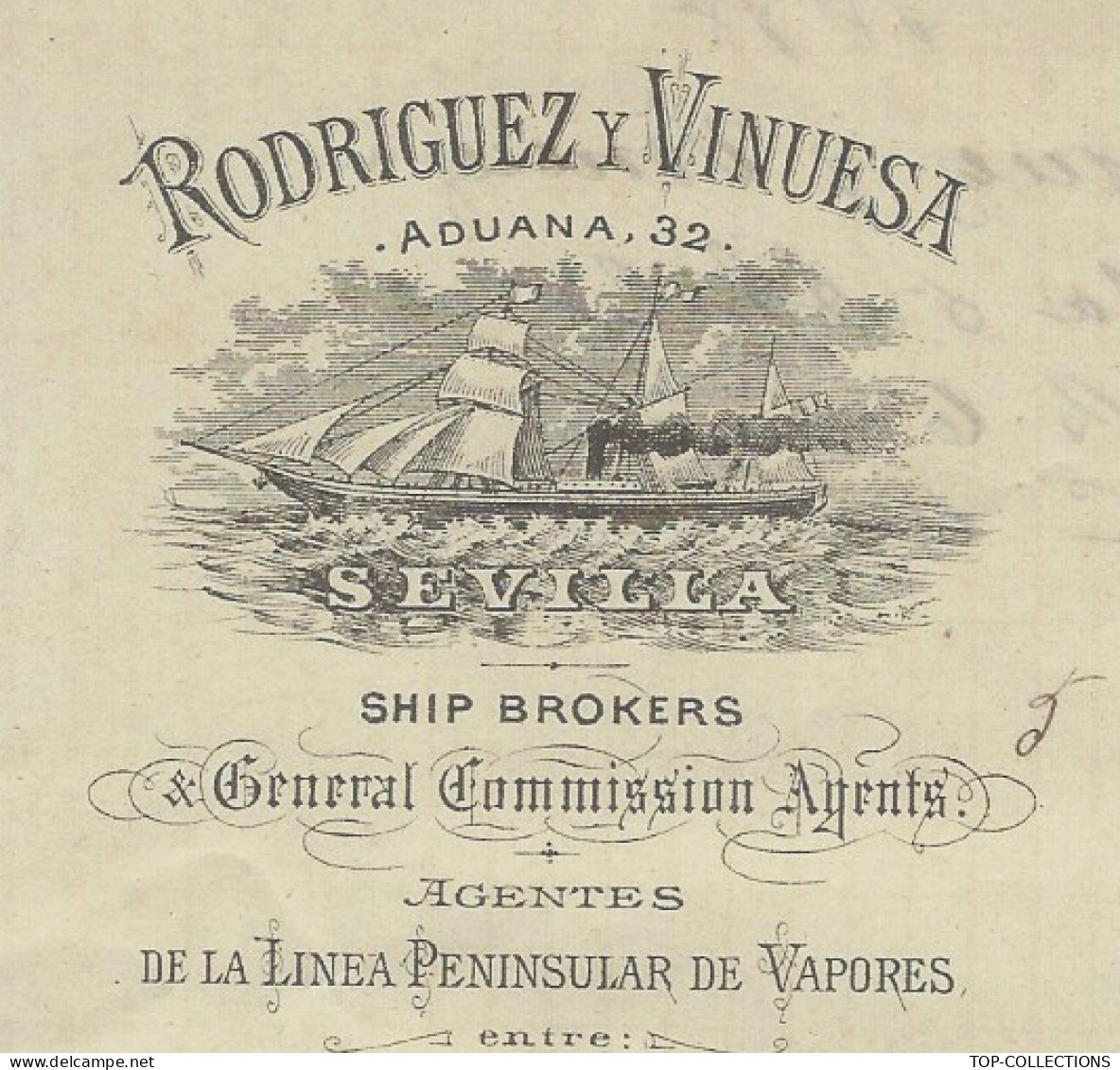 NAVIGATION ESPAGNE 1878 ENTETE RODRIGUEZ Y  Vinuesa Sevilla Pour Bensusan Cadiz  V.HISTORIQUE - España