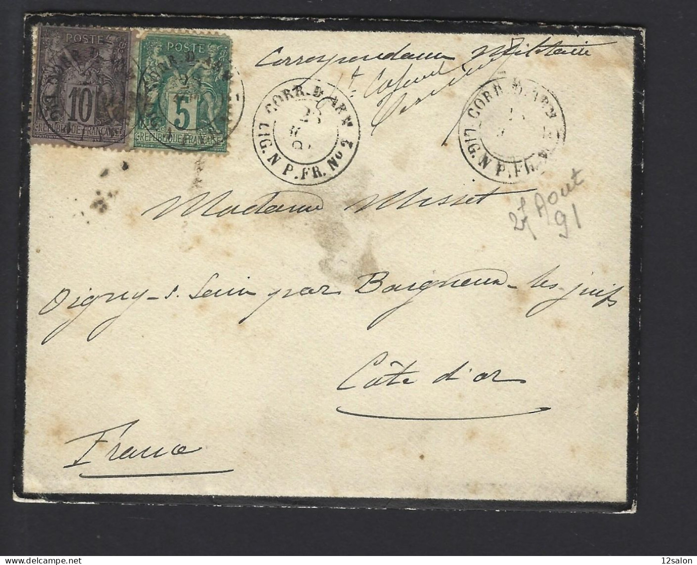 MARITIME SAGE N°75 + N°89 OBL CAD Rond "Corr D Arm Lig N P FR N°2" (1891) (Salles N°1946 - Ind 18) - Maritime Post