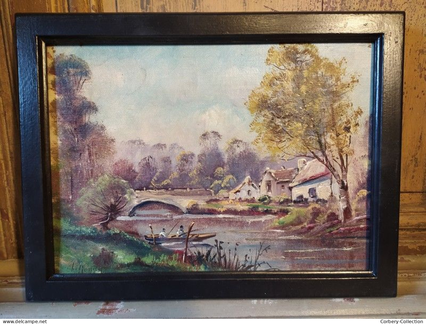 Tableau Paysage Barque Pêcheurs Sur Rivière Signé Chiffonny 01 - Oils